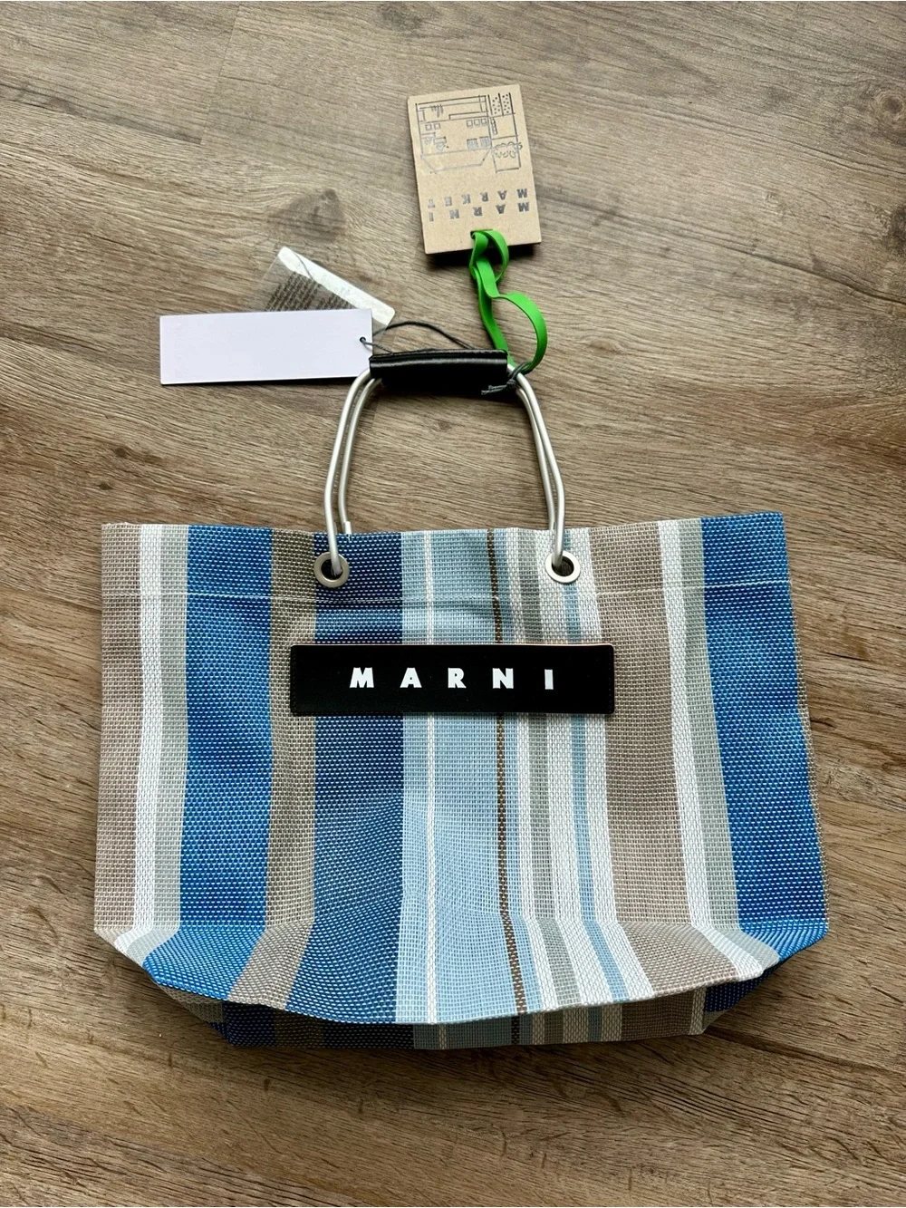 Marni Market Blue, Light Blue & Tan Striped Canvas Tote